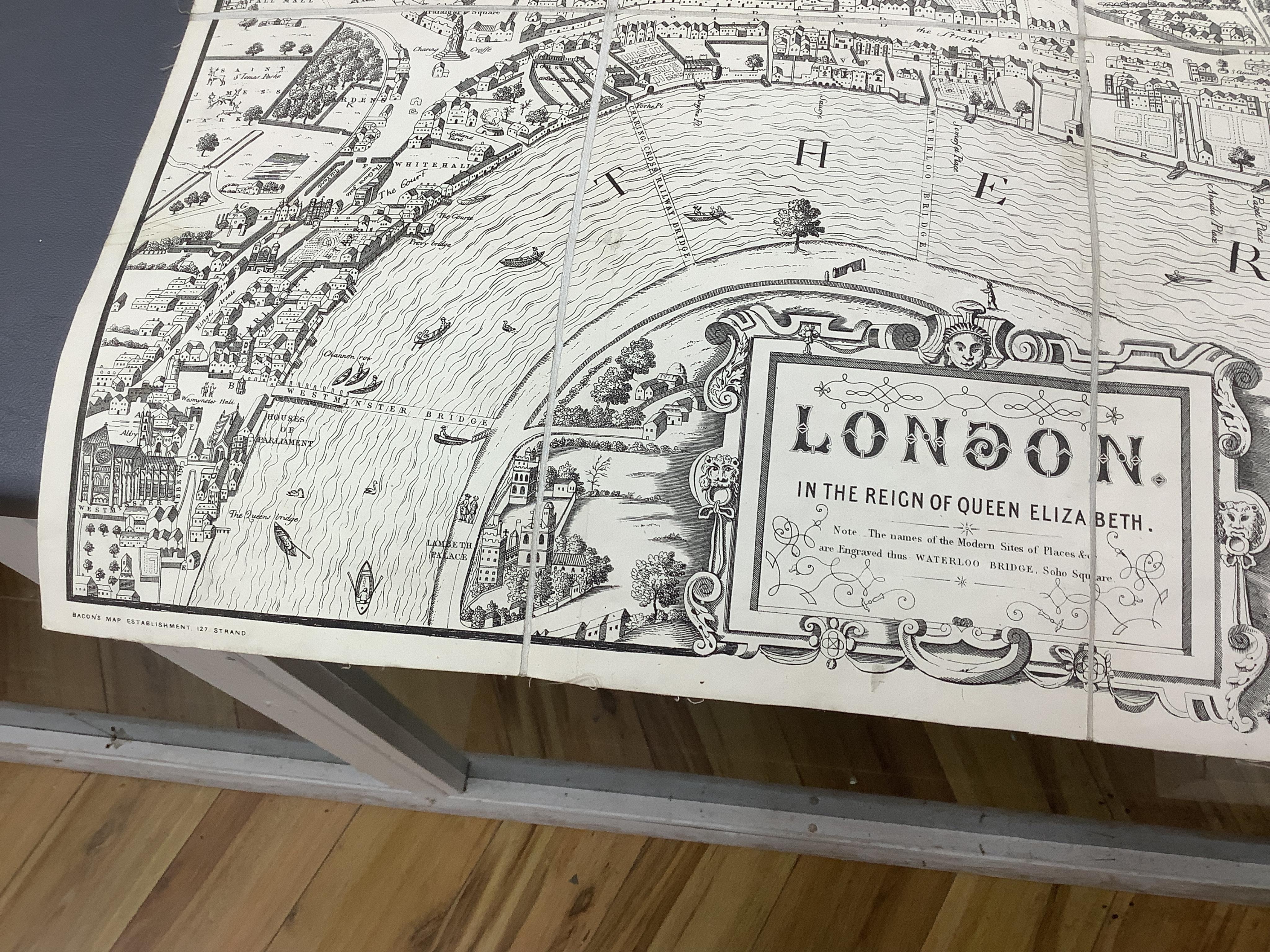 Three maps comprising: After John Senex, A New Map of London, 1720, published by Cassell, Petter & Galpin, linen backed folding map, with slipcase, London in the Reign of Queen Elizabeth, published by Cassell, linen back